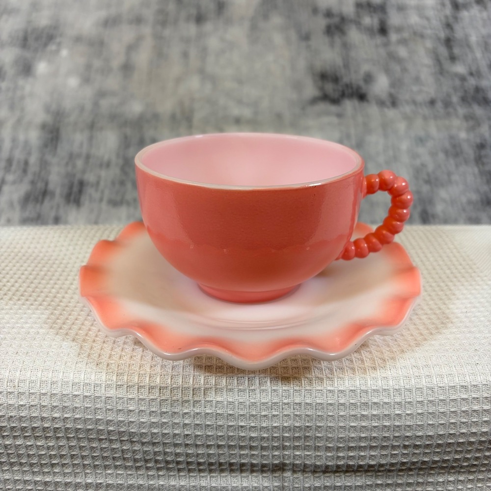 Vintage Hazel-Atlas Pink Milk Glass Tea Cup and Ruffled Saucer Beaded Handle